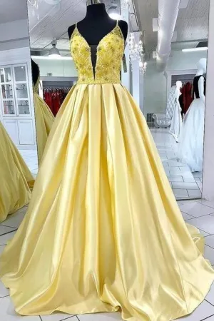 Satin Bright Yellow Long Prom Dresses Beaded Bodice