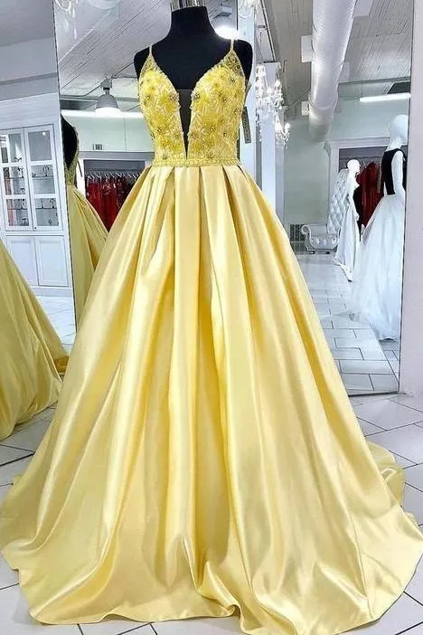 Satin Bright Yellow Long Prom Dresses Beaded Bodice