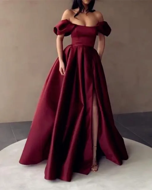 Satin Prom  Strapless Off the Shoulder Split Evening Dress