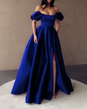 Satin Prom  Strapless Off the Shoulder Split Evening Dress