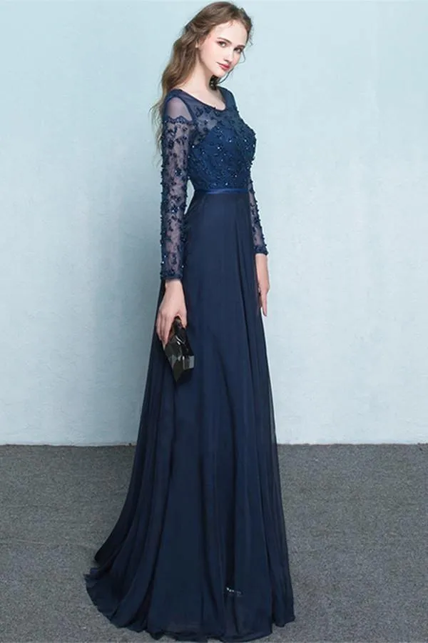 Scoop Chiffon Neck Long Sleeves Beading Evening Dress Prom Dress PG322