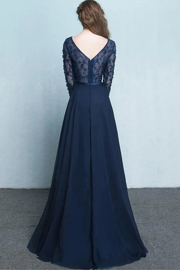 Scoop Chiffon Neck Long Sleeves Beading Evening Dress Prom Dress PG322