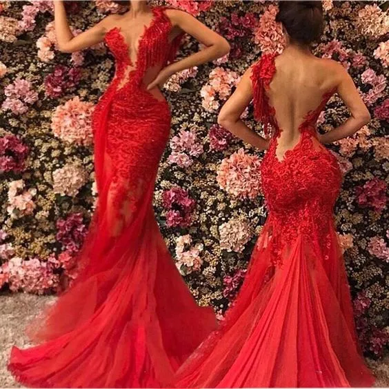 See Through Lace Red Prom Dresses One Shoulder Evening Gown
