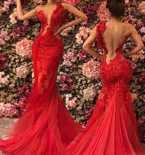 See Through Lace Red Prom Dresses One Shoulder Evening Gown
