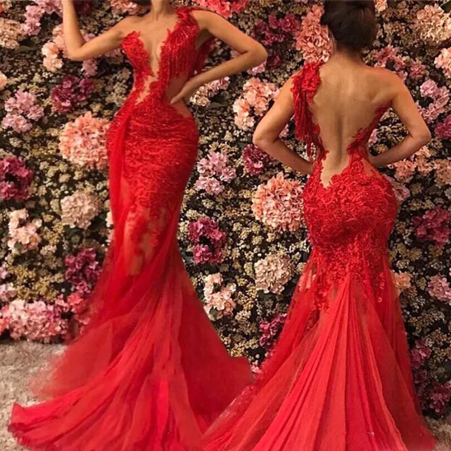 See Through Lace Red Prom Dresses One Shoulder Evening Gown