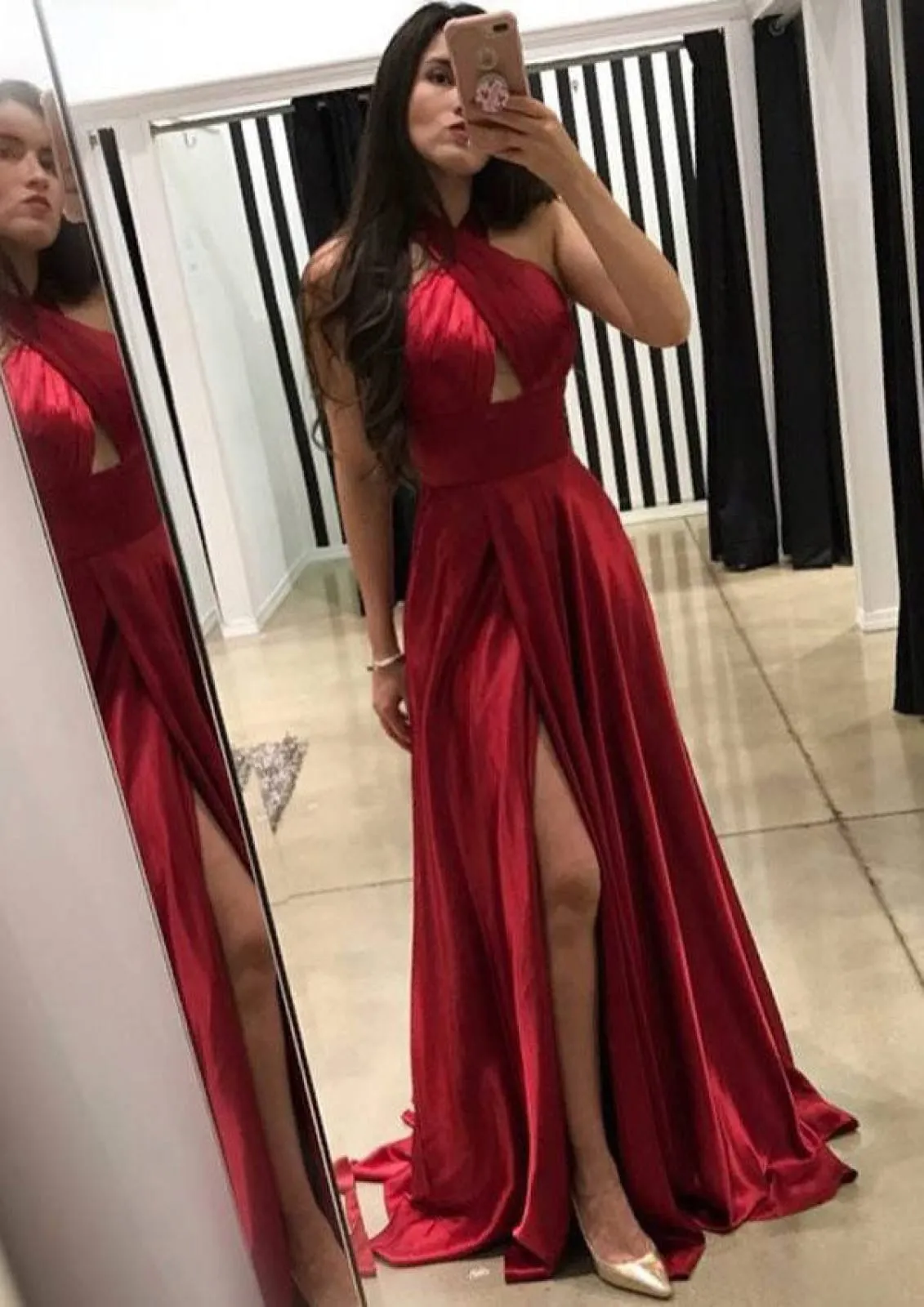 Sexy A-line Cross Halter Sleeveless Sweep Train Slit Charmeuse Prom Party Dress