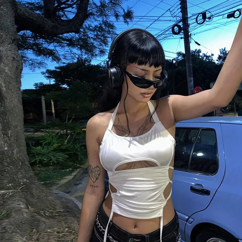 Sexy Backless Summer Crop Top Women Hollow Out White Sleeveless Bandage Halter Tank Tops Streetwear Clubwear