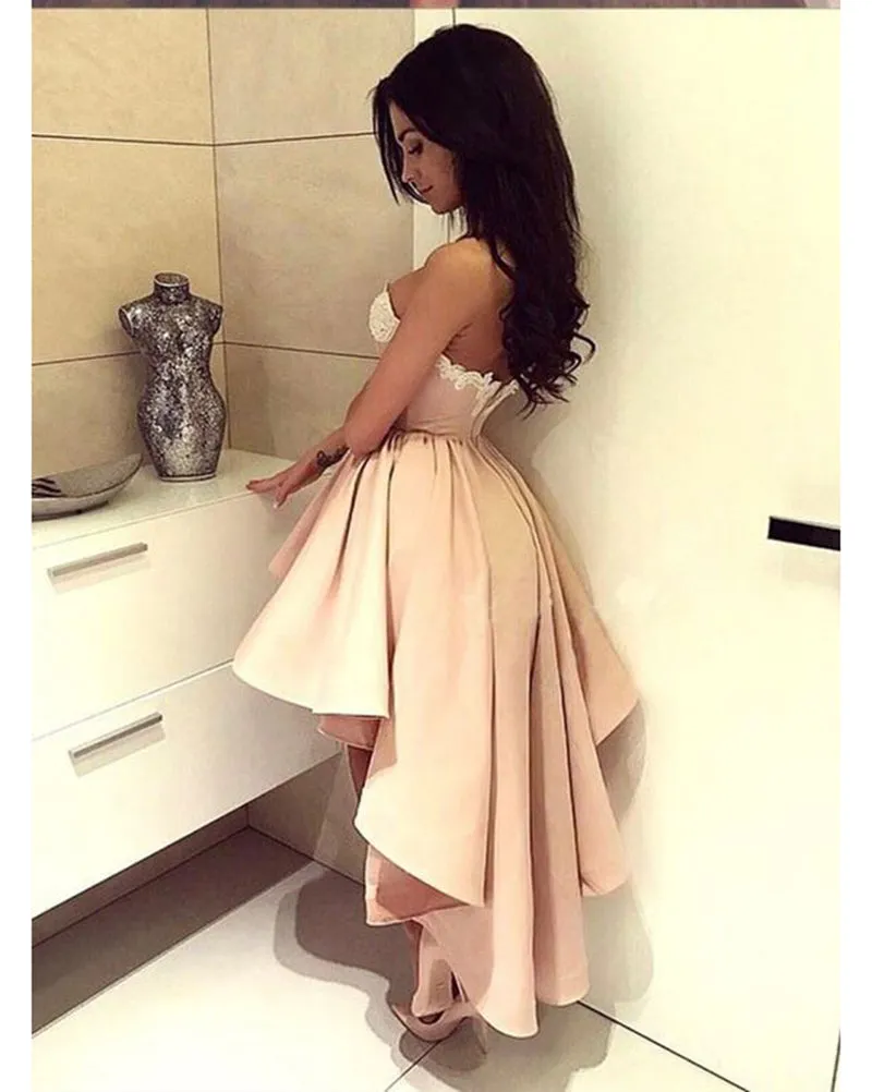Sexy Champagne Prom Dresses with White Lace Strapless Hi-Lo Prom Party Gowns