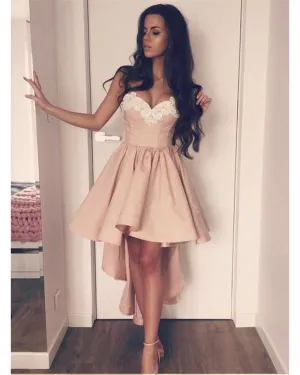 Sexy Champagne Prom Dresses with White Lace Strapless Hi-Lo Prom Party Gowns