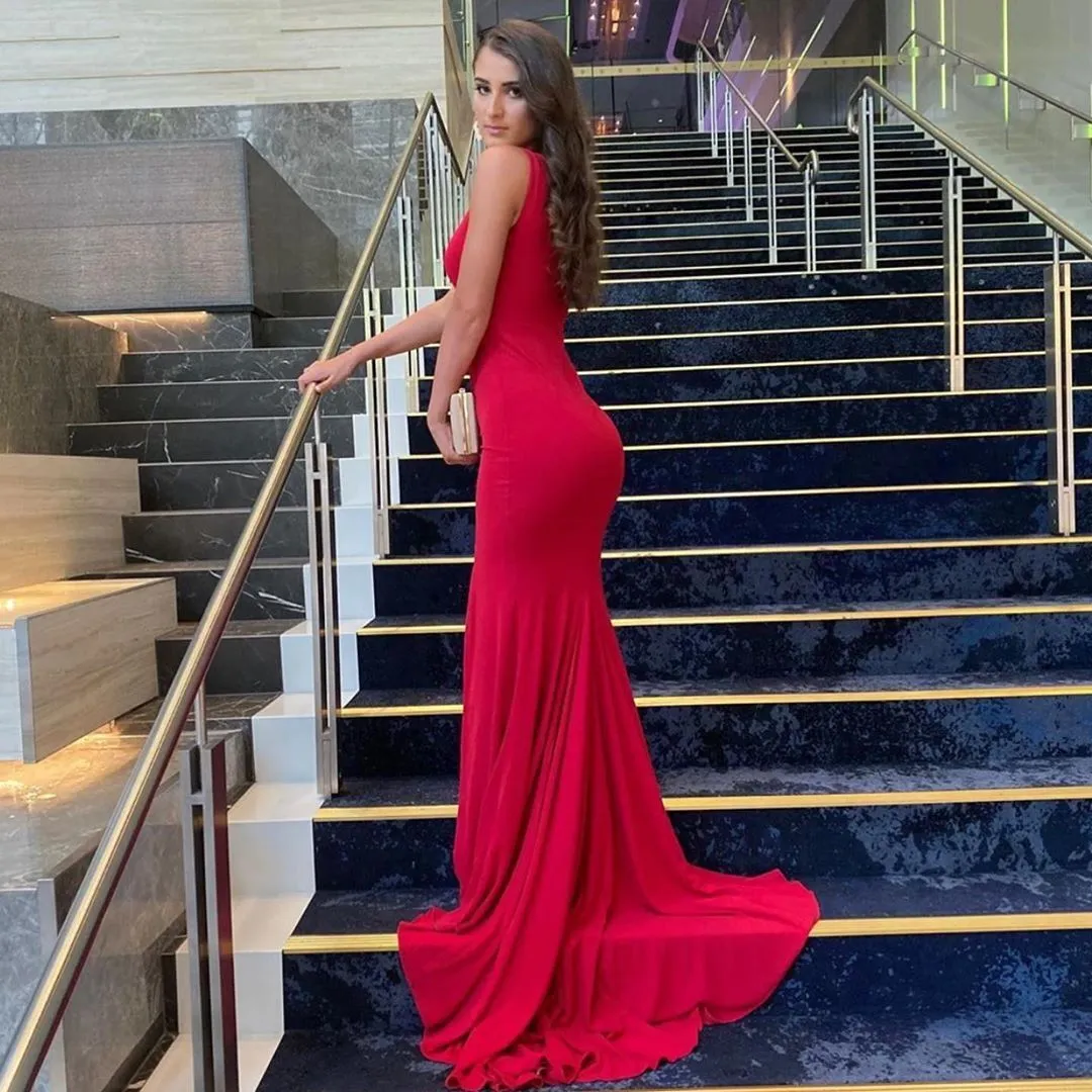 Sexy One Shoulder Red Prom Dresses Mermaid Long Evening Gowns