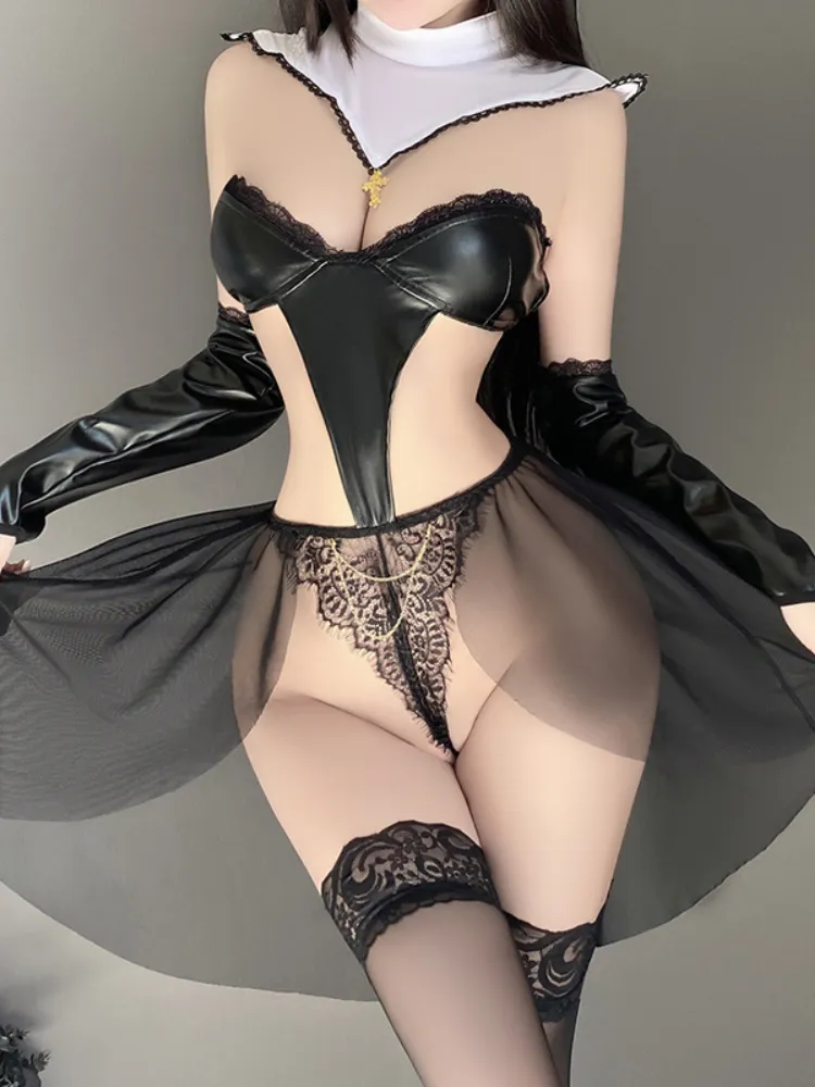 Sexy Patent Leather Lace Nun Outfit