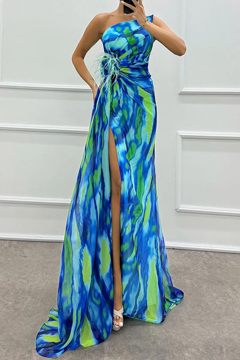 Sexy Prom Ombre Print Slit Irregular Contrast Sloping Shoulder Evening Dresses(5 Colors)