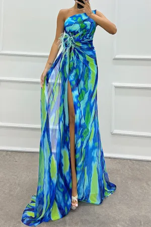 Sexy Prom Ombre Print Slit Irregular Contrast Sloping Shoulder Evening Dresses(5 Colors)