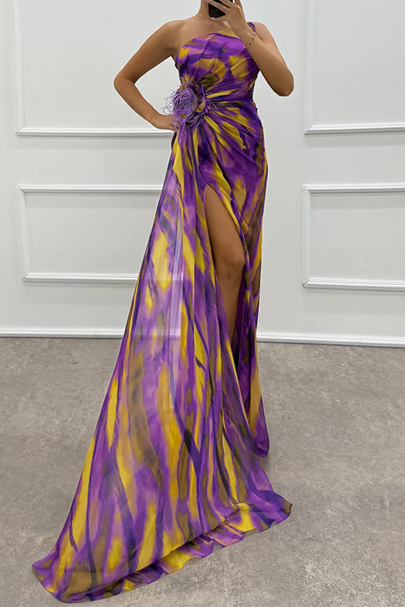 Sexy Prom Ombre Print Slit Irregular Contrast Sloping Shoulder Evening Dresses(5 Colors)