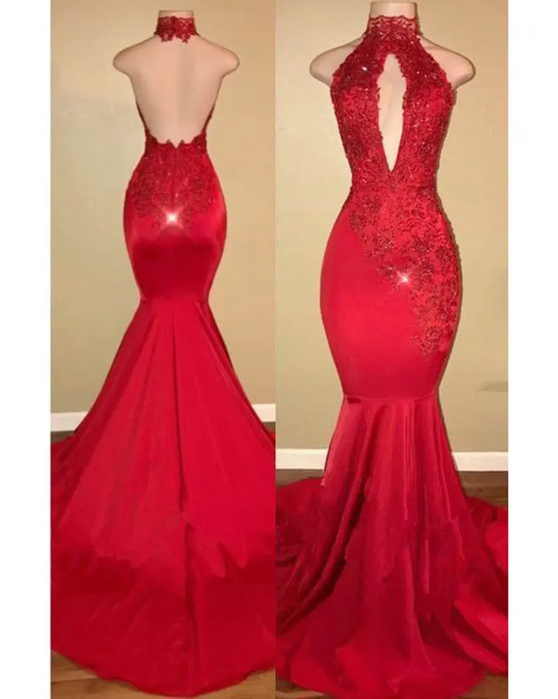 Sexy Royal Blue Evening Dresses with Halter 2018 Backless Lace Evening Prom Dress Party Gowns