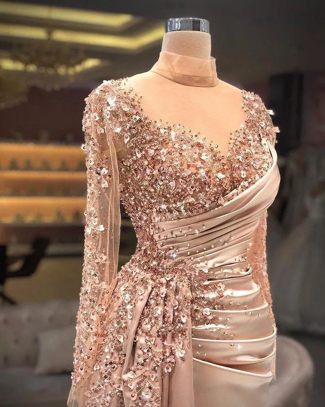 Sheer Neck Beaded Sequins Evening Formal Party Gowns