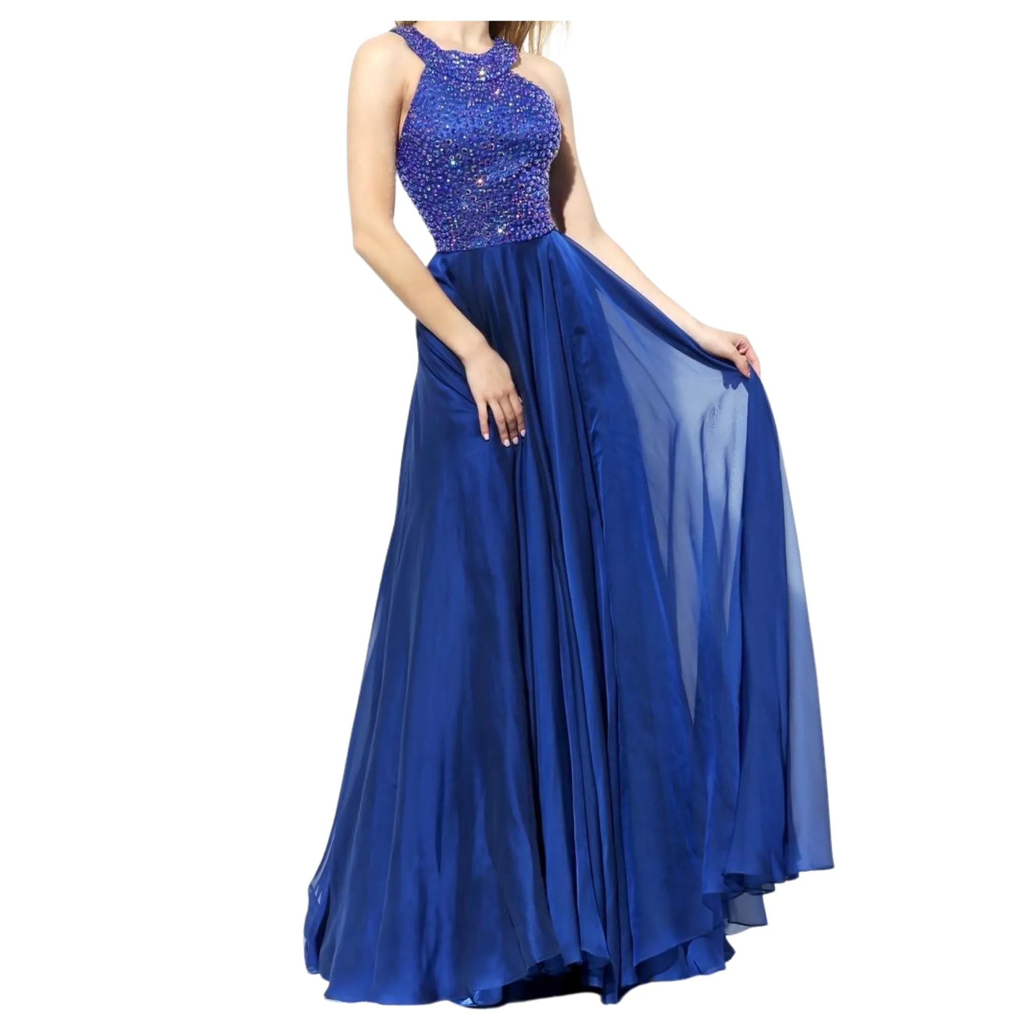 SHERRI HILL 50615 Navy Blue Halter Top Beaded Bodice with Chiffon Skirt Size 24 NWT