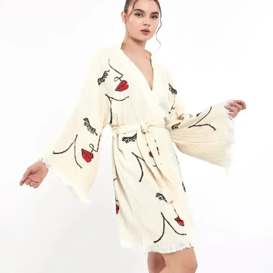 Short Cotton Kimono, Block Print Kimono