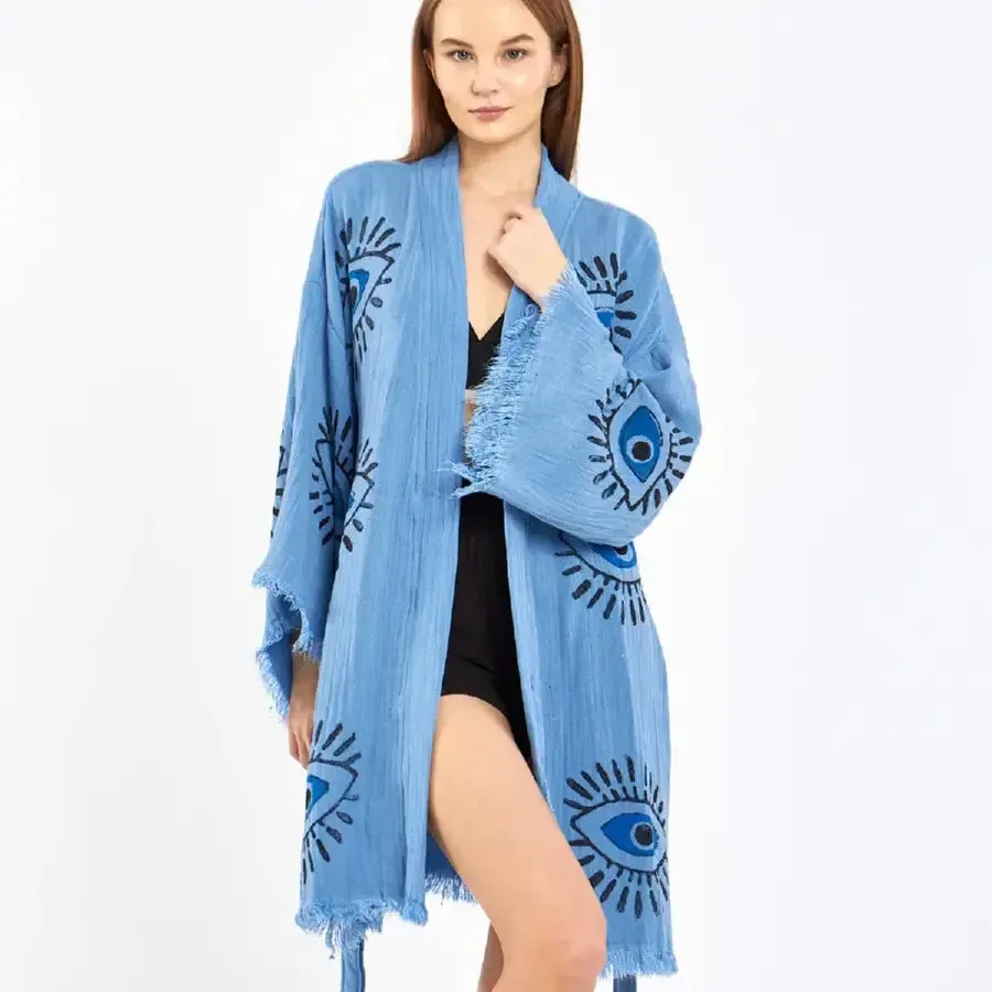 Short Evil Eye Kimono, Organic Cotton Kimono, Boho Kimono