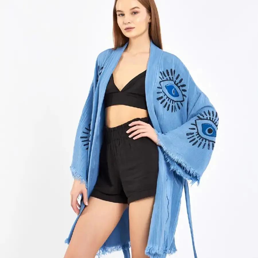 Short Evil Eye Kimono, Organic Cotton Kimono, Boho Kimono