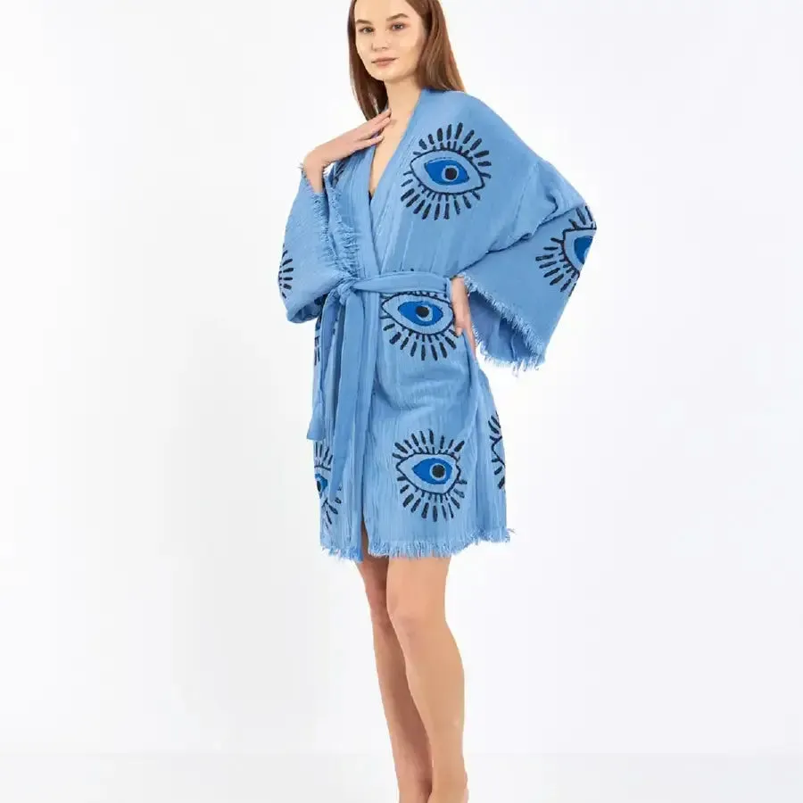 Short Evil Eye Kimono, Organic Cotton Kimono, Boho Kimono