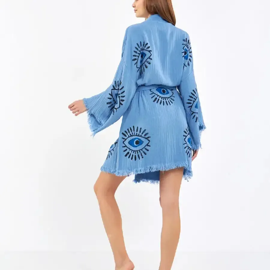 Short Evil Eye Kimono, Organic Cotton Kimono, Boho Kimono