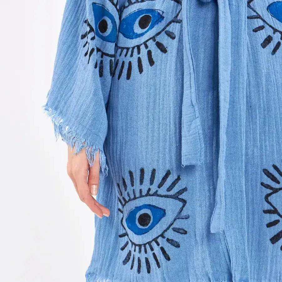 Short Evil Eye Kimono, Organic Cotton Kimono, Boho Kimono