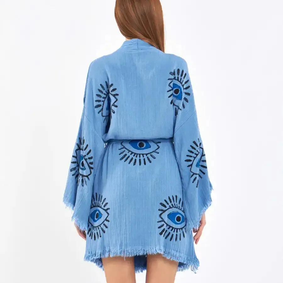 Short Evil Eye Kimono, Organic Cotton Kimono, Boho Kimono