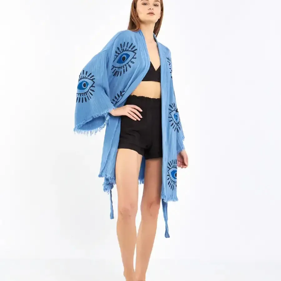 Short Evil Eye Kimono, Organic Cotton Kimono, Boho Kimono