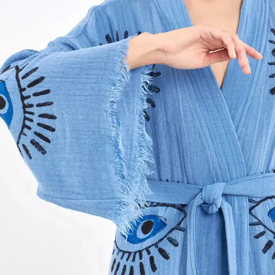 Short Evil Eye Kimono, Organic Cotton Kimono, Boho Kimono