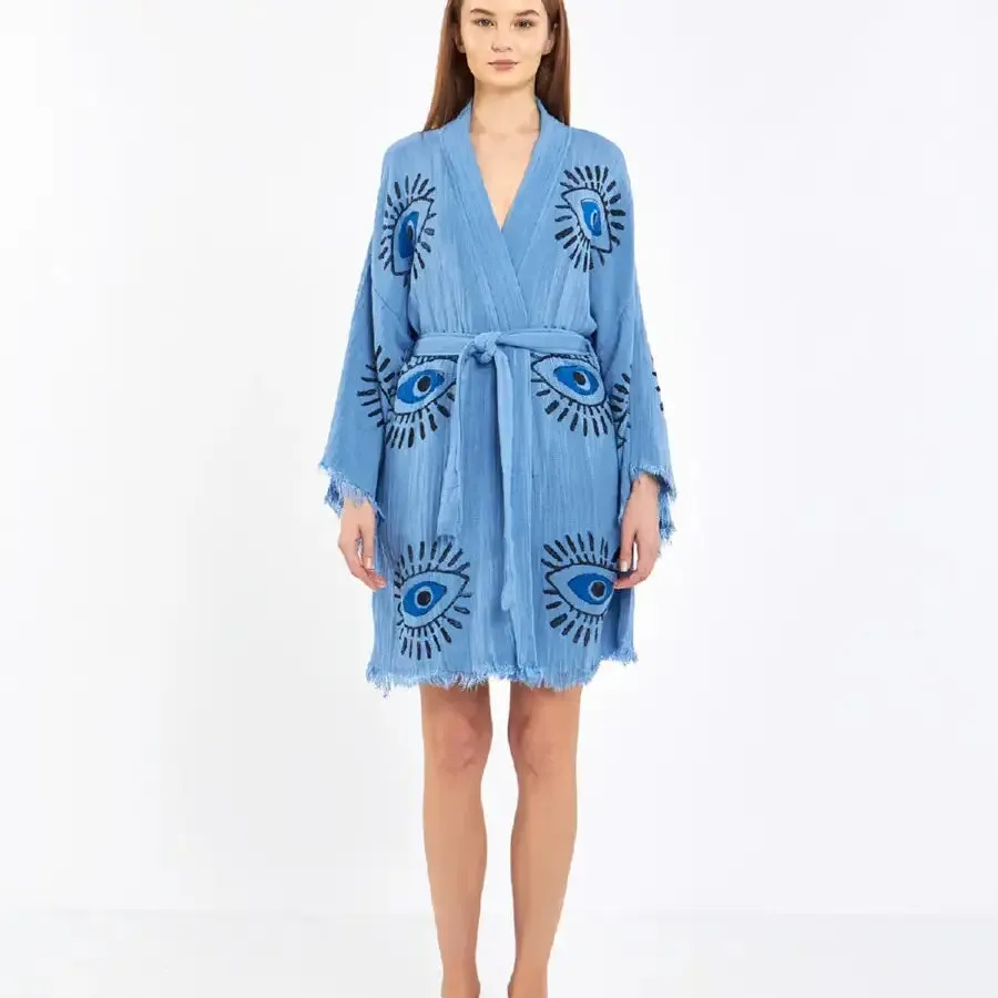 Short Evil Eye Kimono, Organic Cotton Kimono, Boho Kimono