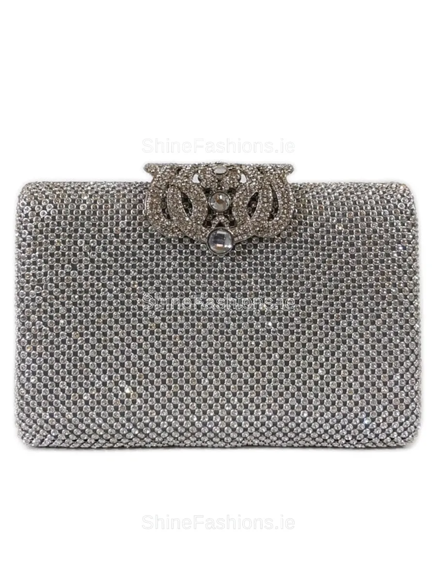 Silver Diamante Embellished Diamond Design Clutch Bag
