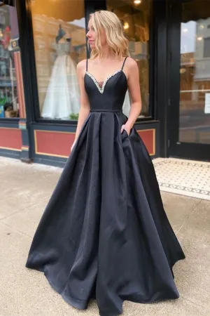 Simple Black Satin Prom Dresses V Neck Spaghetti Straps Long Evening Gowns