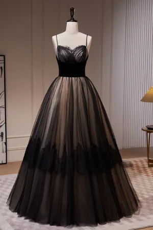 Simple Black Spaghetti Straps Lace Evening Gowns A Line Tulle Long Prom Dresses