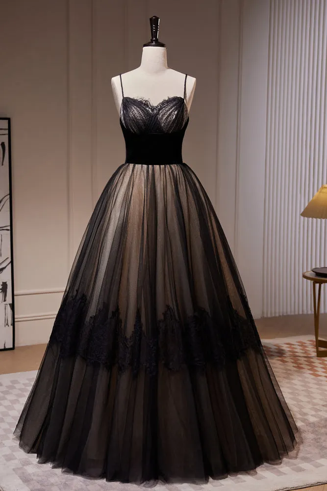Simple Black Spaghetti Straps Lace Evening Gowns A Line Tulle Long Prom Dresses
