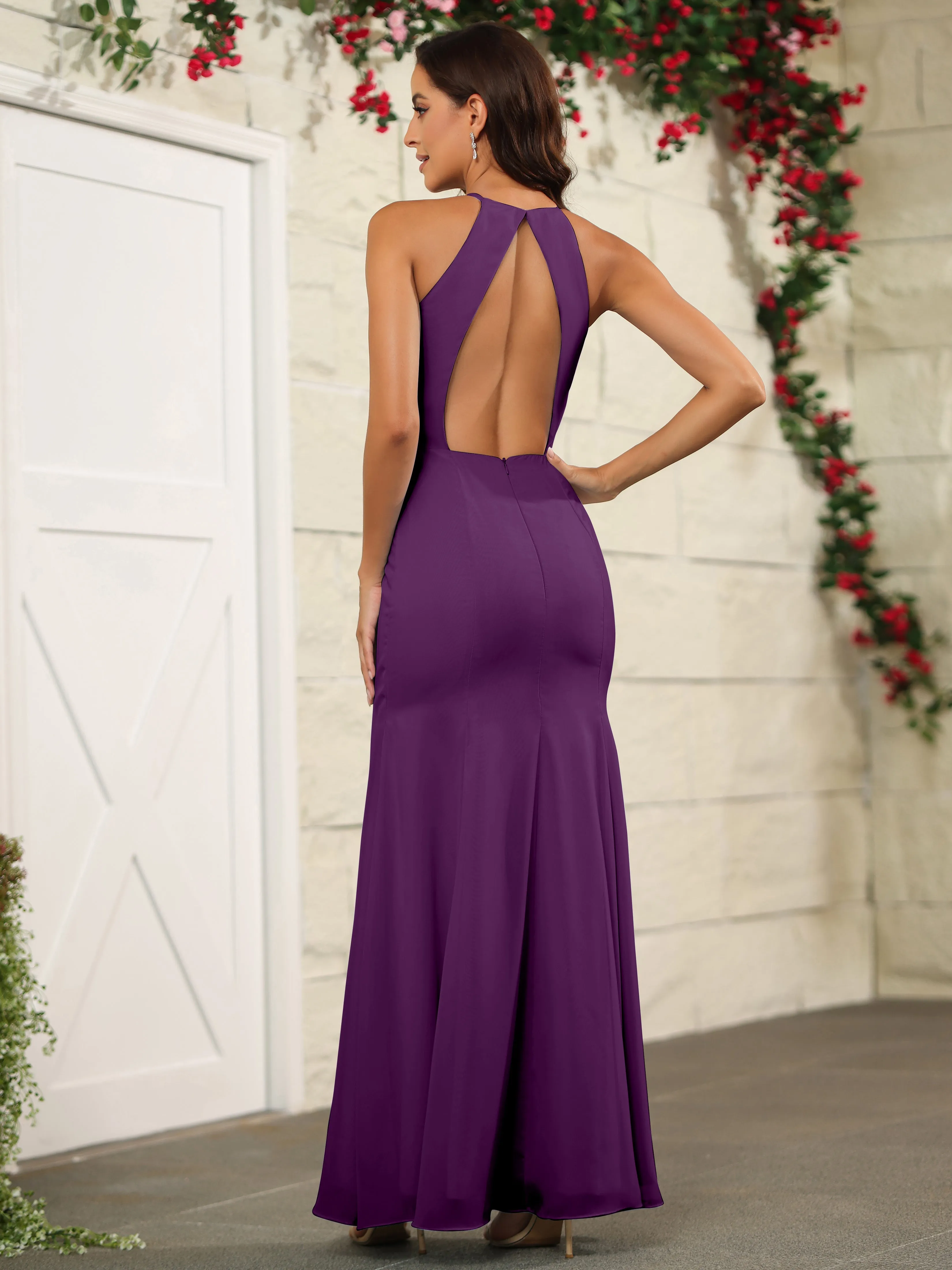 Simple Halter Chiffon Split Floor Length Bridesmaid Dresses