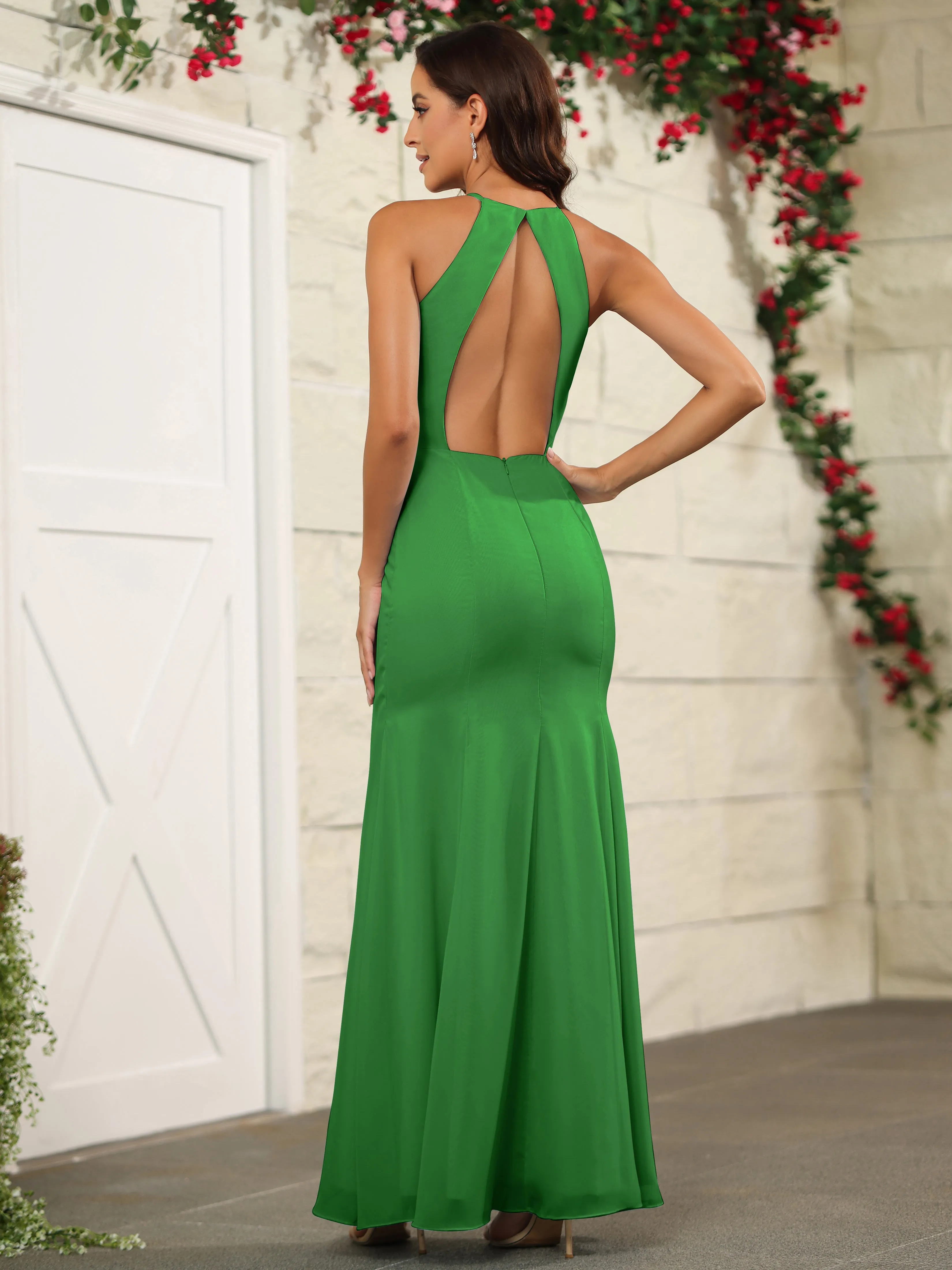 Simple Halter Chiffon Split Floor Length Bridesmaid Dresses