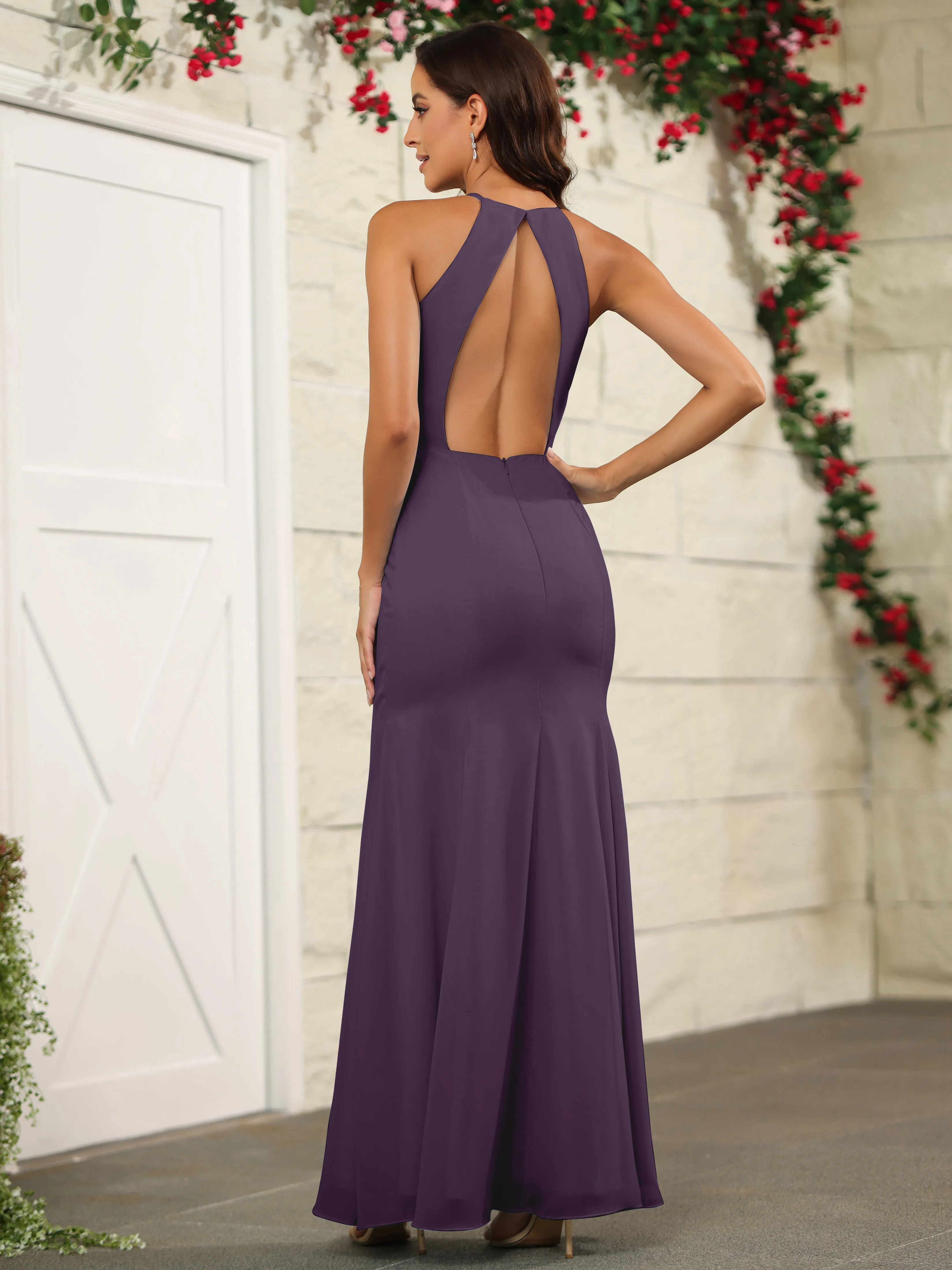 Simple Halter Chiffon Split Floor Length Bridesmaid Dresses