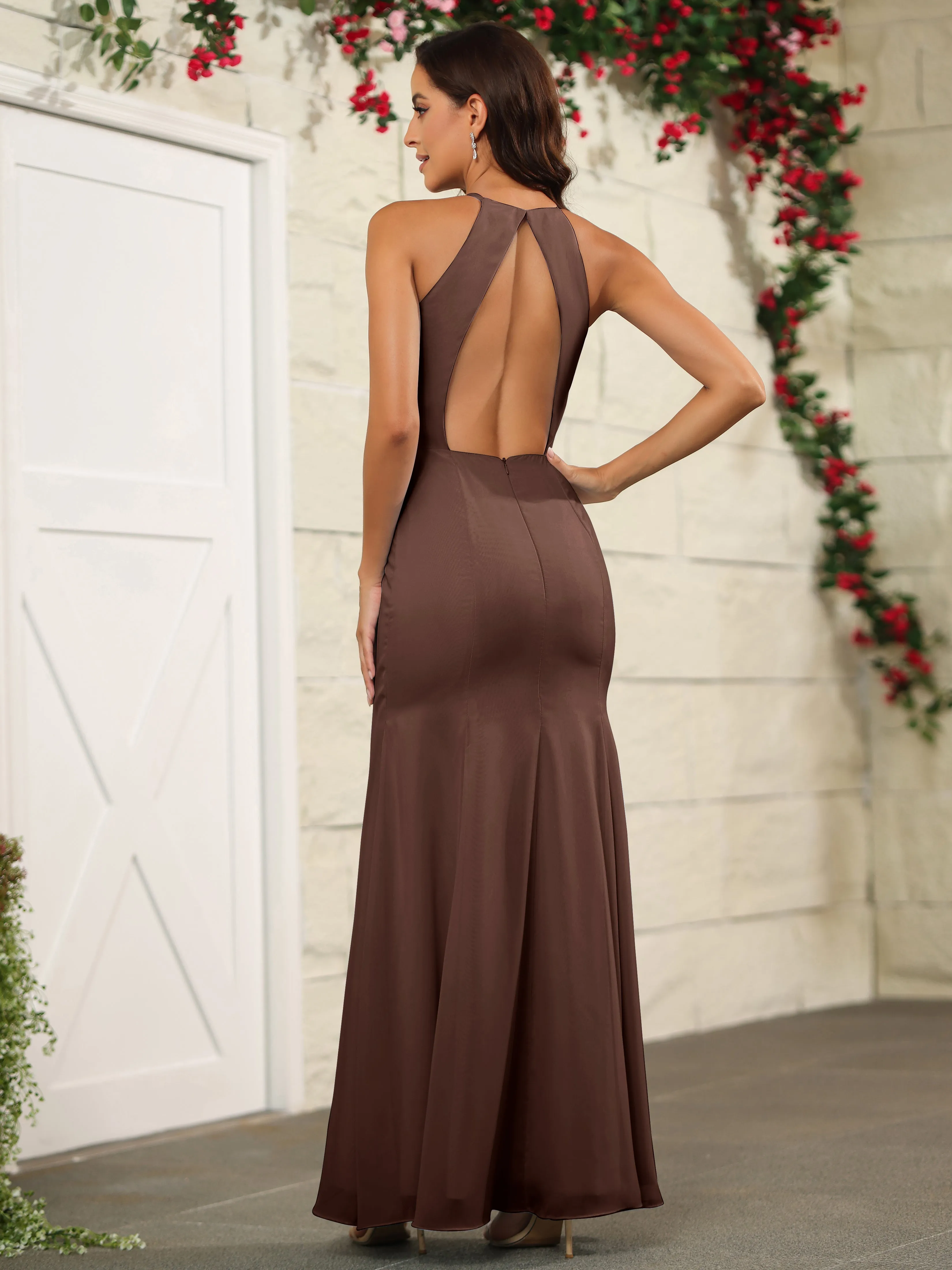 Simple Halter Chiffon Split Floor Length Bridesmaid Dresses