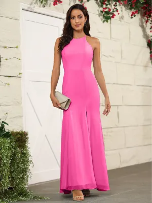 Simple Halter Chiffon Split Floor Length Bridesmaid Dresses