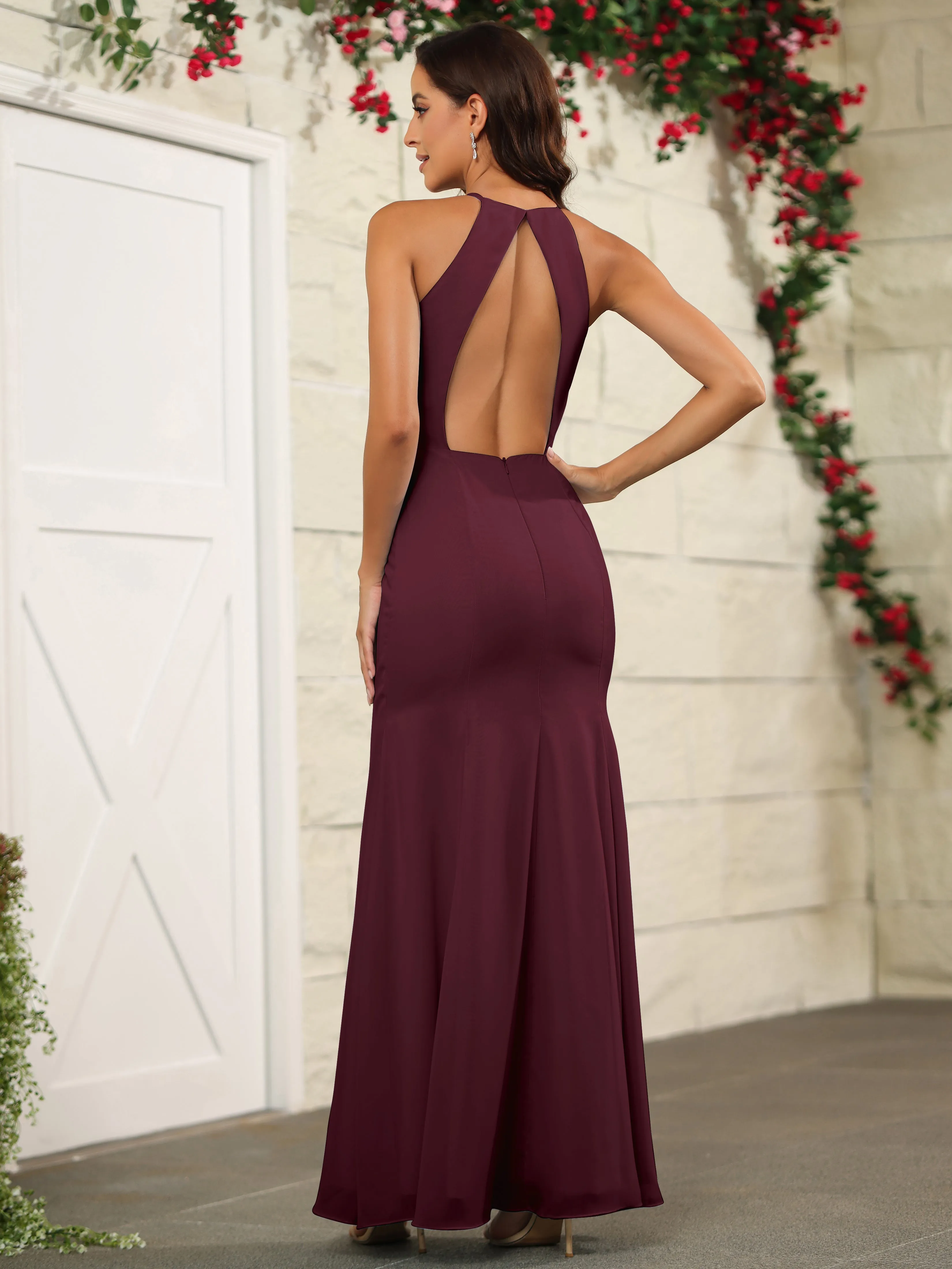 Simple Halter Chiffon Split Floor Length Bridesmaid Dresses