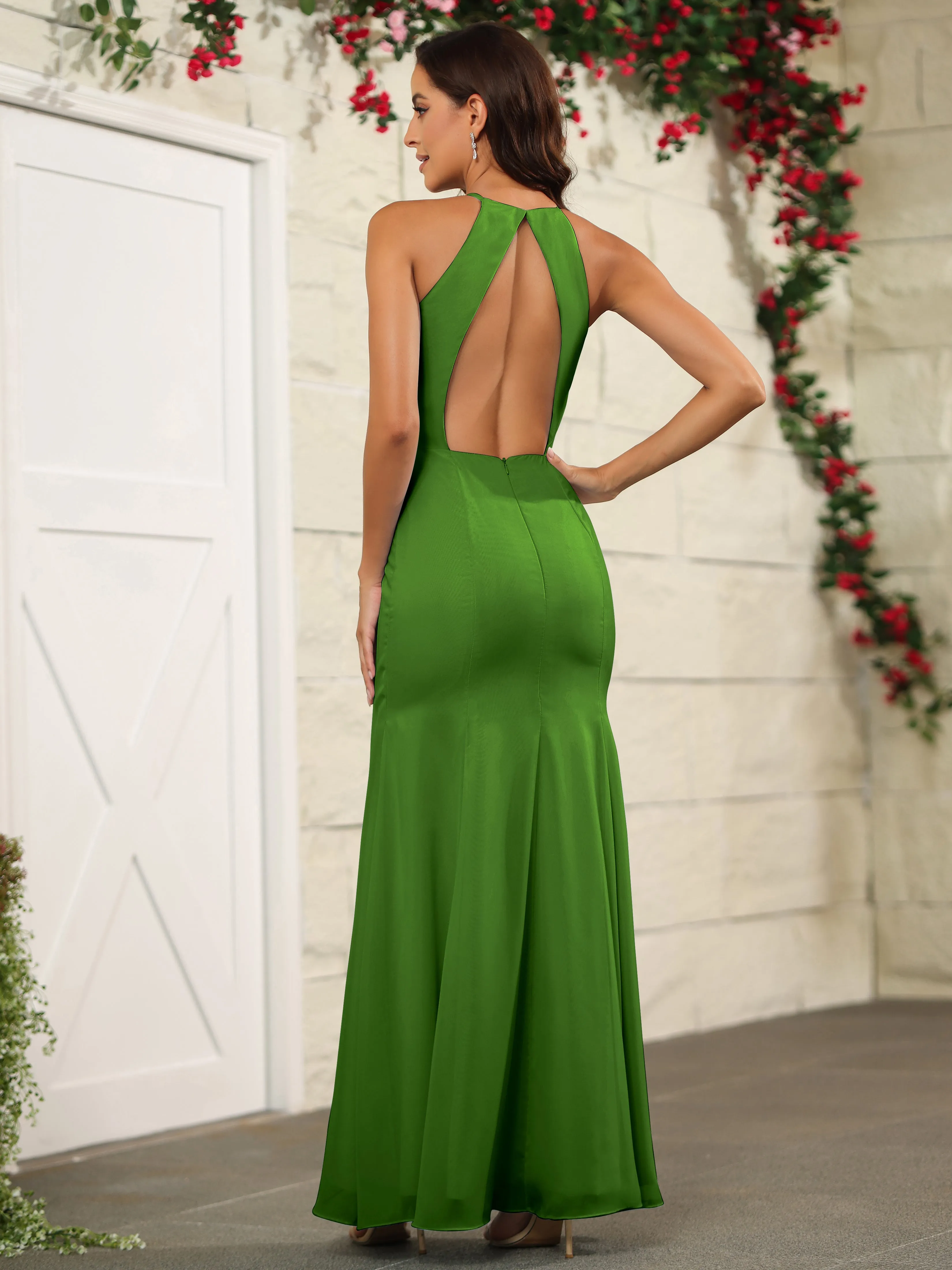 Simple Halter Chiffon Split Floor Length Bridesmaid Dresses