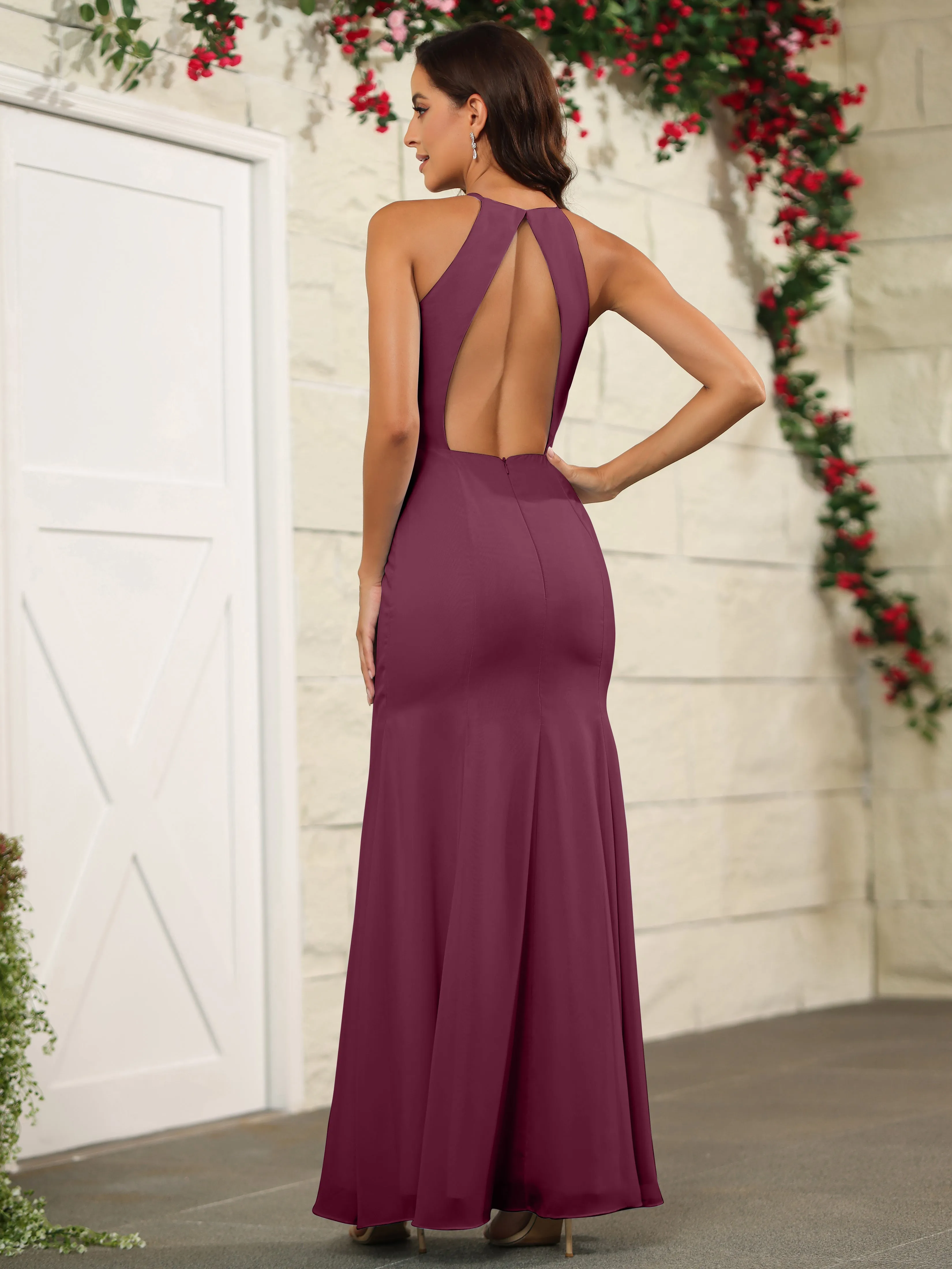 Simple Halter Chiffon Split Floor Length Bridesmaid Dresses