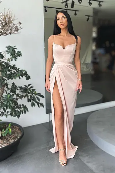 Simple Long Mermaid Spaghetti Straps Satin Pron Dress with Slit, DP2217