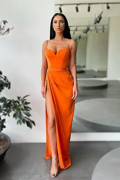 Simple Long Mermaid Spaghetti Straps Satin Pron Dress with Slit, DP2217