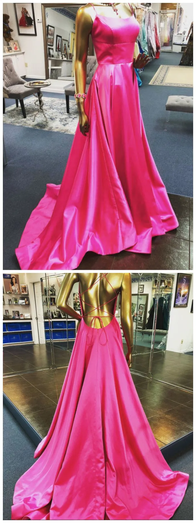 Simple Magenta Evening Dresses UK Long Satin Backless Fuchsia Prom Dress
