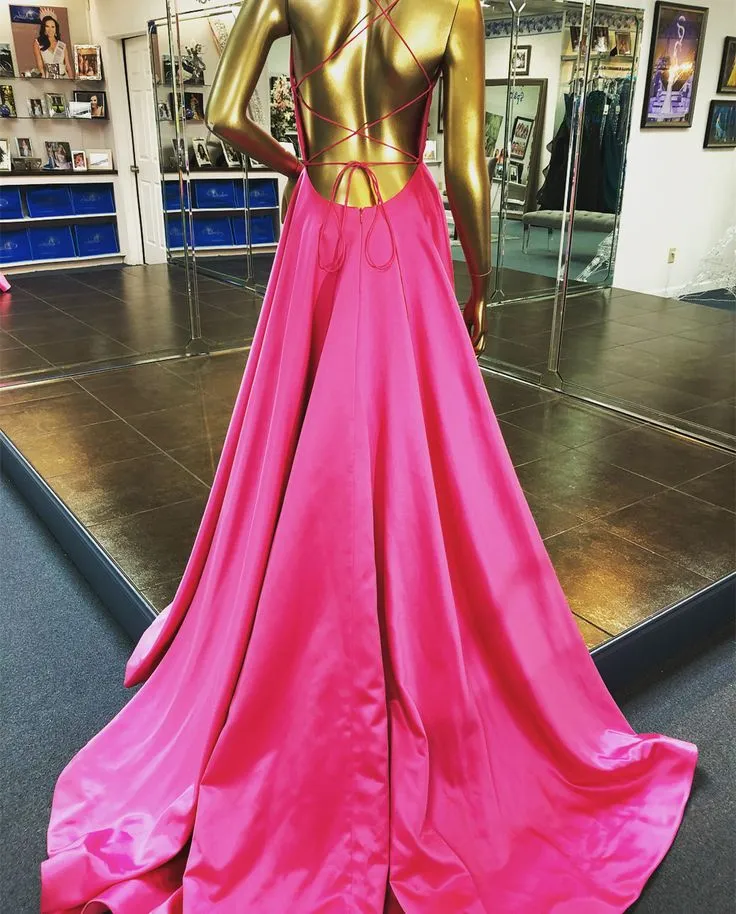 Simple Magenta Evening Dresses UK Long Satin Backless Fuchsia Prom Dress