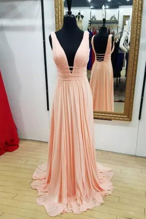 Simple pink chiffon long prom dress, pink evening dress