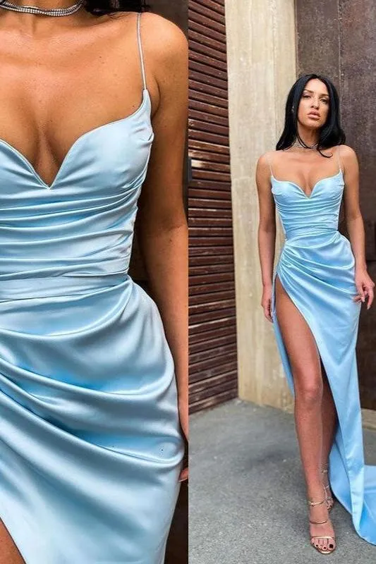 Sky Blue Spaghetti Straps Mermaid Prom Dress With Slit Party Gowns