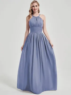 Slate Blue Halter Neck Sleeveless Chiffon Floor-Length Bridesmaid Dress